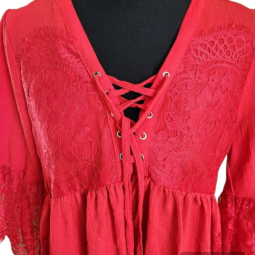 Boho Red Lacey Blouse Size Small